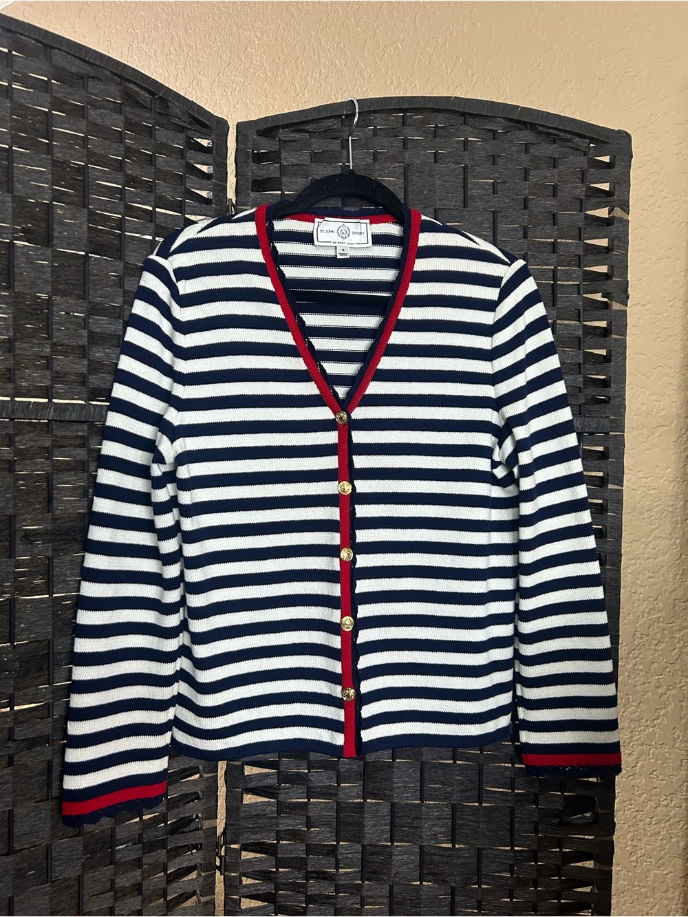 St. John navy blue white striped sweater size small nautical cardigan